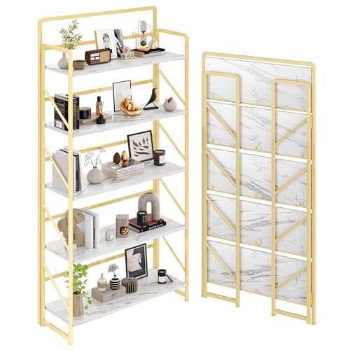 Image of JSB 6 Tier No Assembly Folding Bookshelf, 30.3 inch Wide Foldable Storage Bookcase for Home Office, Space-Saving Storage Shelf for Living Room (White&Gold)