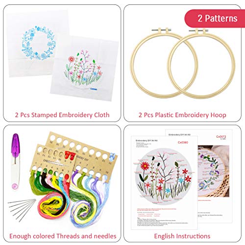 2 Pack Embroidery Starter Kit, Cross Stitch Kit Embroidery Kit for Beginners with Plants Flowers Pattern, Plastic Embroidery Hoops, Color Threads and Tools Kit
