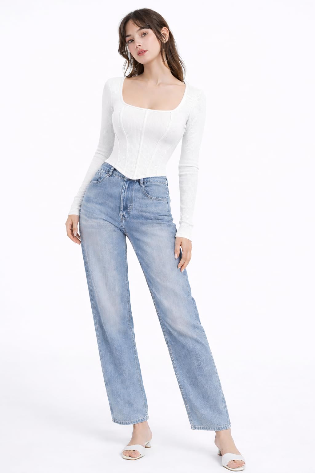 sugarcanne Women's Ribbed Corset Style Top, Square Neck Long Sleeve Fitted Top, Stretch Slim Fit for Casual (XS-L)-picture-23