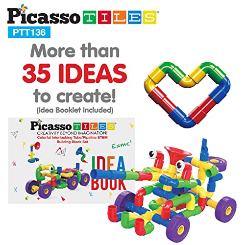 Picassotiles Ptt136 136Pcs Tubular Pipes & Spout Steam Interlocking Educational Building Block Set, Tube Locks, Pipeworks Construction Blocks W/Storage Container Box, Idea Book, Flute Musical Kit #TOP5