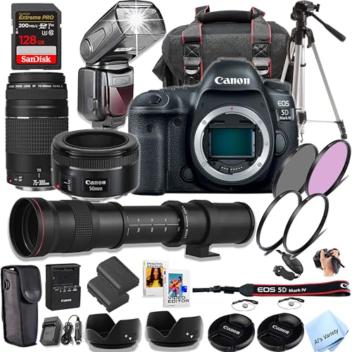 Canon EOS 5D Mark IV DSLR Camera with 50mm + 75-300mm Lenses + 420-800mm Preset Lens + TTL Speed Light Flash + 128GB Extreme Speed Memory, Filters, Case, Tripod + More (Pro Photo Bundle) (Renewed)