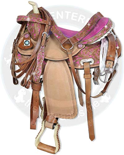Manaal Enterprises Pony & Adult Classic Quality Premium Leather Comfort Western Barrel Racing Trail Equestrian Horse Saddle, Headstall, Breast Collar & REINS,Size 10 to 18 (10
