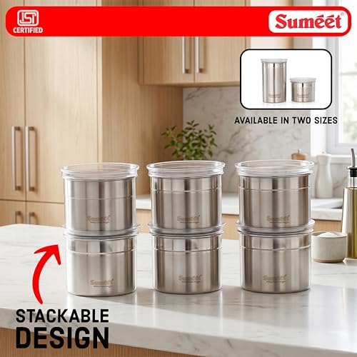 Image of Sumeet ISI Certified Stainless Steel Small Canisters /Dabba /Storage Containers for Kitchen with See Through Air Tight Lid - Set of 6 Pcs - 550ml, 10cm Dia, Silver