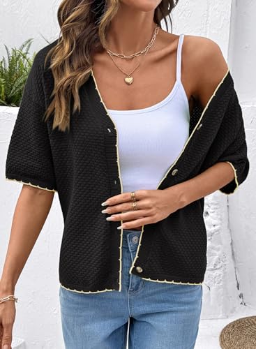 Dokotoo Womens Henley Shirts Trendy Fashion 2026 Waffle Knit Cardigan Sweaters Dressy Casual V Neck Black Tee Top Loose Fit Oversized Outifits Short Sleeve Cute Shirts XX-Large — view 4