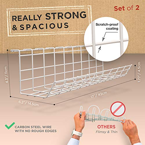 Under Desk Cable Management Tray - Under Desk Cable Organizer for Wire Management. Desk Cable Tray for Office and Home. Perfect Standing Desk Cable Management Rack (White Wire Tray - Set of 2X 17'') - Thumbnail 3