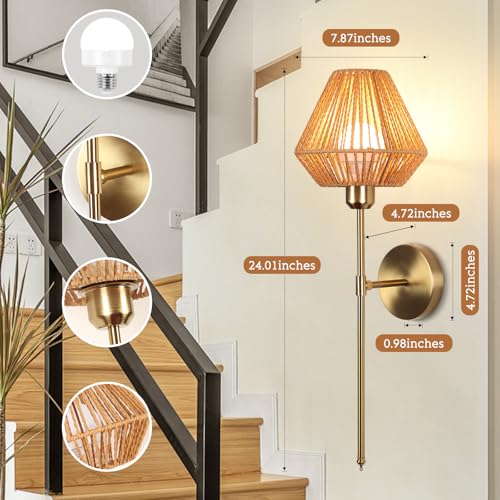 Image of Battery Operated Wall Sconce Set of 2, Rattan Rechargeable Wall Light Dimmable with Remote Control, 15 Color Changing and Timer, Boho Wireless Battery Operated Wall lamps for Bedroom, living room