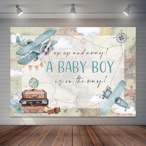 Joliaco Airplane Baby Shower Backdrop Up Up and Away Time Flies Aircraft Baby Shower Background Vintage Travel Around The World Party Decorations Banner Photo Booth Props (7x5ft)
