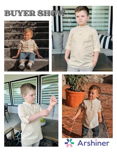 Image of Arshiner Boys Cotton Linen Henley Shirt Button Down Shirt Long Sleeve T Shirt Beach Shirt Tee Casual Solid Tops