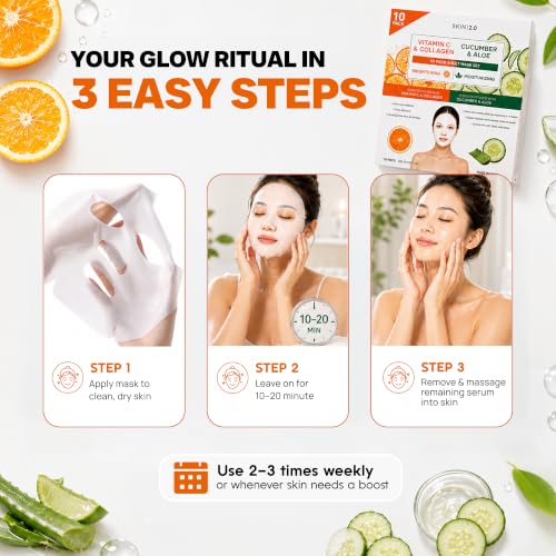 Image of Skin 2.0 Collagen Face Mask With Vitamin C + Aloe & Cucumber - Dermatologist Tested, Anti Aging, Korean Skin Care - Moisturizes, Firms, Soothes & Helps Reduce Dark Spots - Vegan Clean Beauty, 10 Count
