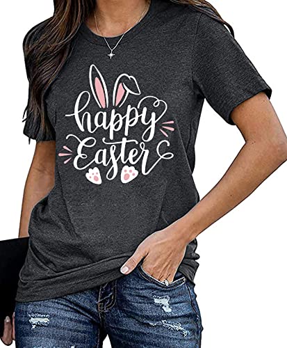 Image of Women Happy Easter T Shirt Bunny Rabbit Graphic T-Shirt Funny Letter Printed Shirts Short Sleeve Tops