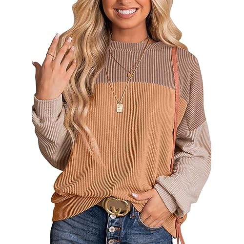 Dokotoo Womens Fashion 2024 Color Block Long Sleeve Crewneck Knitted Casual Loose Pullover Shirts Tops