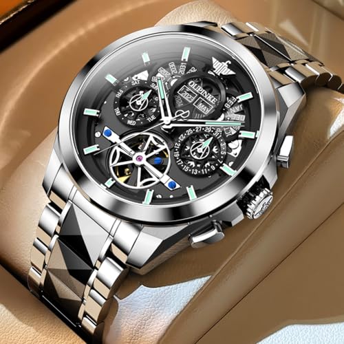 Image of OUPINKE Men Watch Automatic 5 Hands Multi Calendar Year /Month /Week /Date Mechanical 5ATM Waterproof Luxury Tungsten Steel Sapphire Crystal Wrist Watch for Men