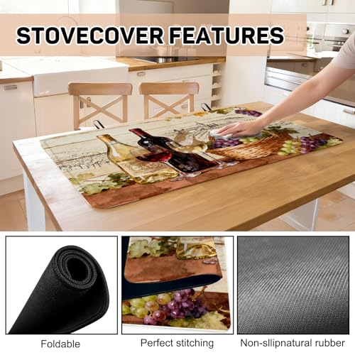 Image of Red Wine Glass Grapes Stove Top Cover for Electric Stove, Vintage Wine Bottle Covers for Electric Stove, Rubber Dish Drying Mat, Glass Cooktop Covers, Flat RV Range top Mats, 28 inchx20 inch
