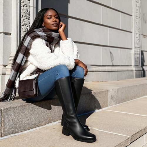 Image of QIY Knee High Boots for Women Low Heel Flat Tall Boots | Stretch Boots, Chunky Heel Womens Boots, Square Toe Heeled Fall Winter Dress Riding Long Boot with Side Zipper