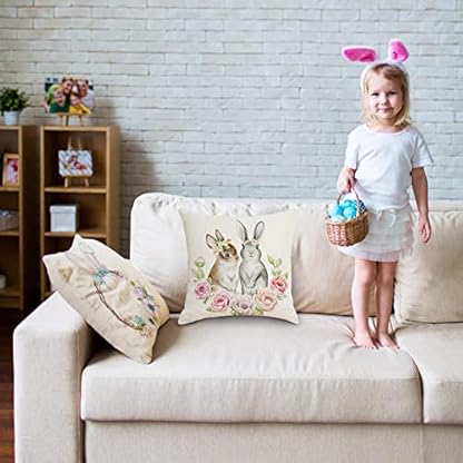 Generisch 4er Set Ostern Kissenbezug 45x45cm,Mode Hasen Blumen Ostereier Leinen Dekokissen Cases Home Kissenbezug FrüHling 40x40 Kissen FrüHling FüR Wohnzimmer Sofa BüRo Auto Dekor – Bild 8