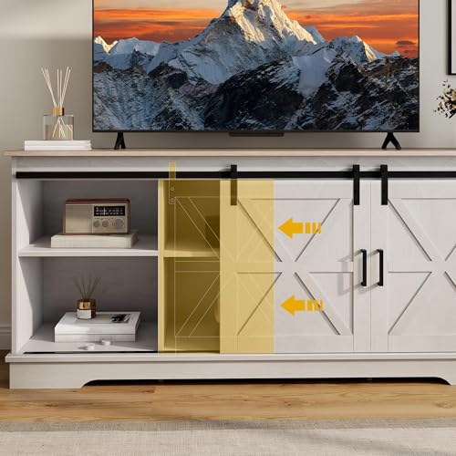 DWVO Farmhouse TV Stand for 55/60/65 Inch TVs, Entertainment Center with Storage Compartments & Sliding Doors, Media Console for Living Room and Gaming Area, Grey Wash &Grey White