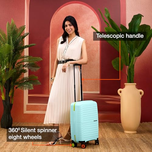 Image of Nasher Miles Cairo Hard-Sided Polypropylene Cabin Luggage 20 inch | 55cm | 8 Wheels Small Trolley Bag for Travel | Suitcase (Pastel Green & Neon)