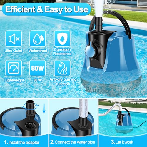 FineBud Submersible Water Pump, Adjustable Flow Sump Pump, Pool Cover Pump Above Ground, Electric Portable Water Removal Pumps, Water Pump for Pool Draining with 10ft Drainage Hose,3 Adapters,950GPH by FineBud - Image 6