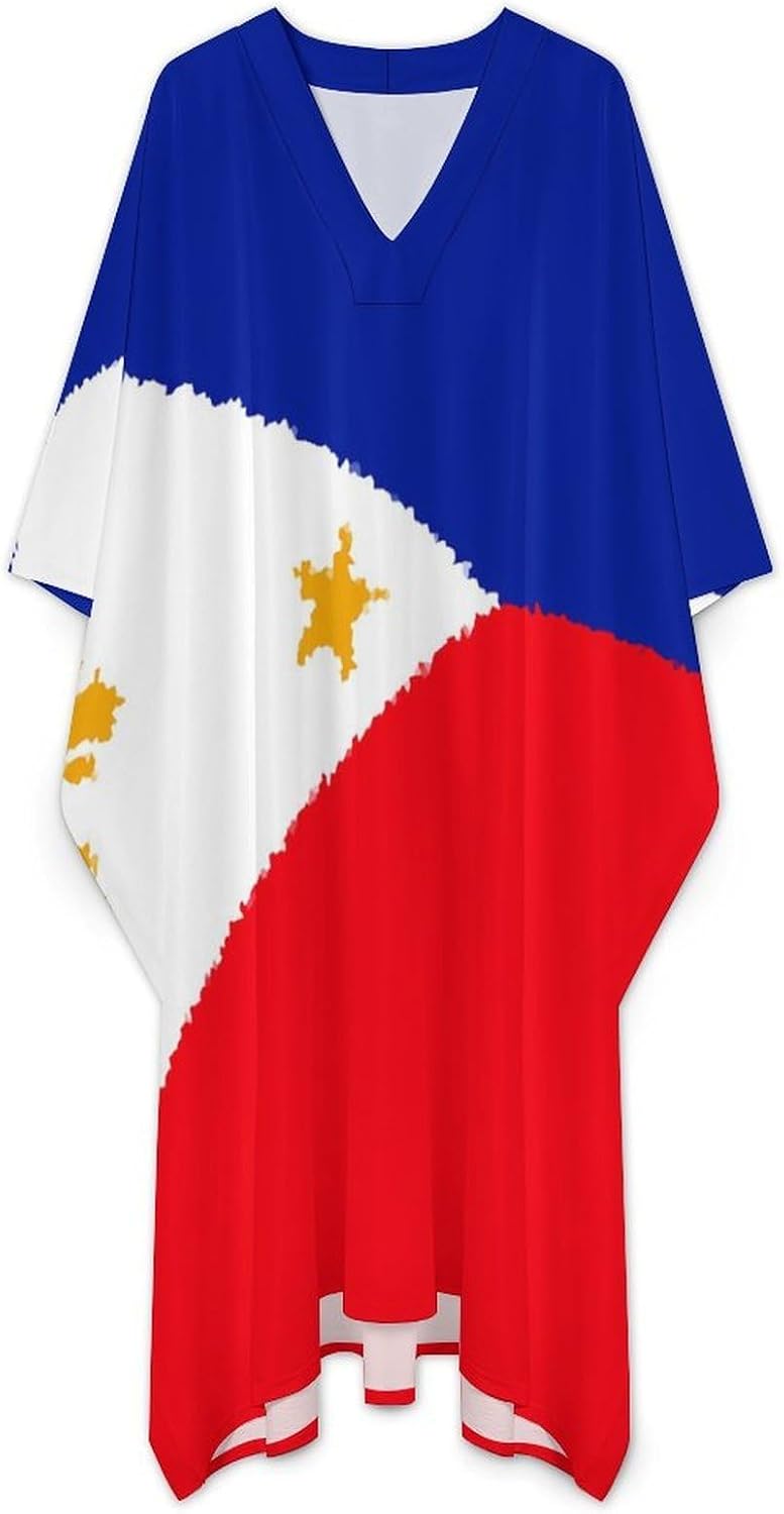Philippine Flag Men's Kaftan Thobe V-Neck Long Gown Loose Robe