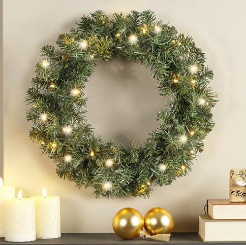 50cm Pre-Lit Wreath Christmas Green Front Door Wreath - with 40 Warm White LEDs Battery Operated Light Up Indoor and Outdoor Wreath 50cm Pre-Lit Wreath Christmas Green Front Door Wreath - with 40 Warm White LEDs Battery Operated Light Up Indoor and Outdoor Wreath