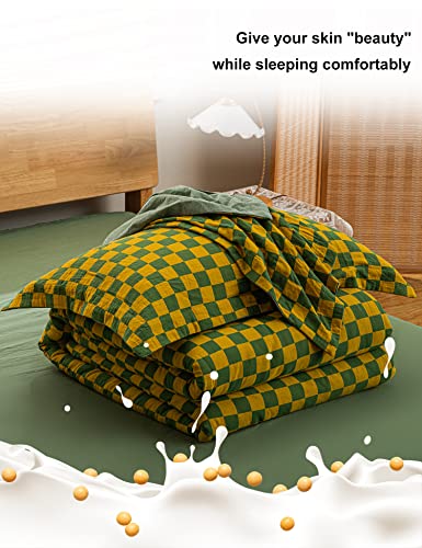 Llancl King Size Comforter Set-100% Cotton Muslin Yellow/Sage Green Checked Reversible Bedding Comforter Sets,Down Alternative Bed Comforter(104"X92") With 2 Pillow Shams, 3 Pieces #TOP6