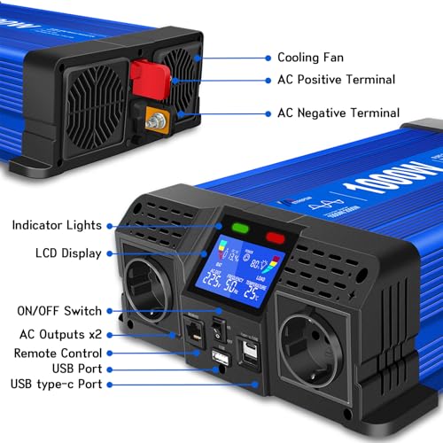 ETREPOW 1000W/2000W 12V Auf 230V Reiner Sinus Wechselrichter mit Fernbedienung, 2 EU Steckdosen, 2 USB+Tycp-C Anschlüssen, geeignet für Haushaltsgeräte, Wohnmobile, Camping Spannungswandler