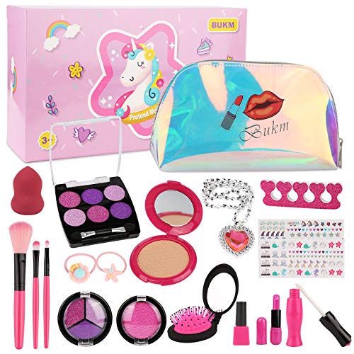 Rusee Kids Pretend Makeup Kit, Girls Fake Make Up Kits with Cosmetic Bag for Ages 4-10 Year Old, Makeup Set Toy Including Brushes, Eye Shadows, Lipstick, Nail Polish, Necklace, Comb and More