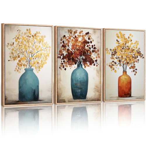YCJKJDZ Framed Vintage Floral Vase Canvas Wall Art Set of