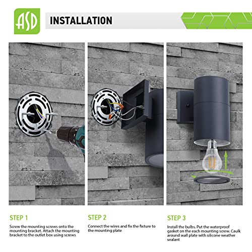 Asd E26 Base Socket Wall Mount Light Fixture | Round Cylinder Sconce | 8 Inch 60W 120V A19 Bulb | Up Or Down Lighting, Outdoor Lamp, Decoration Lantern, Waterproof, Etl | Black #TOP4
