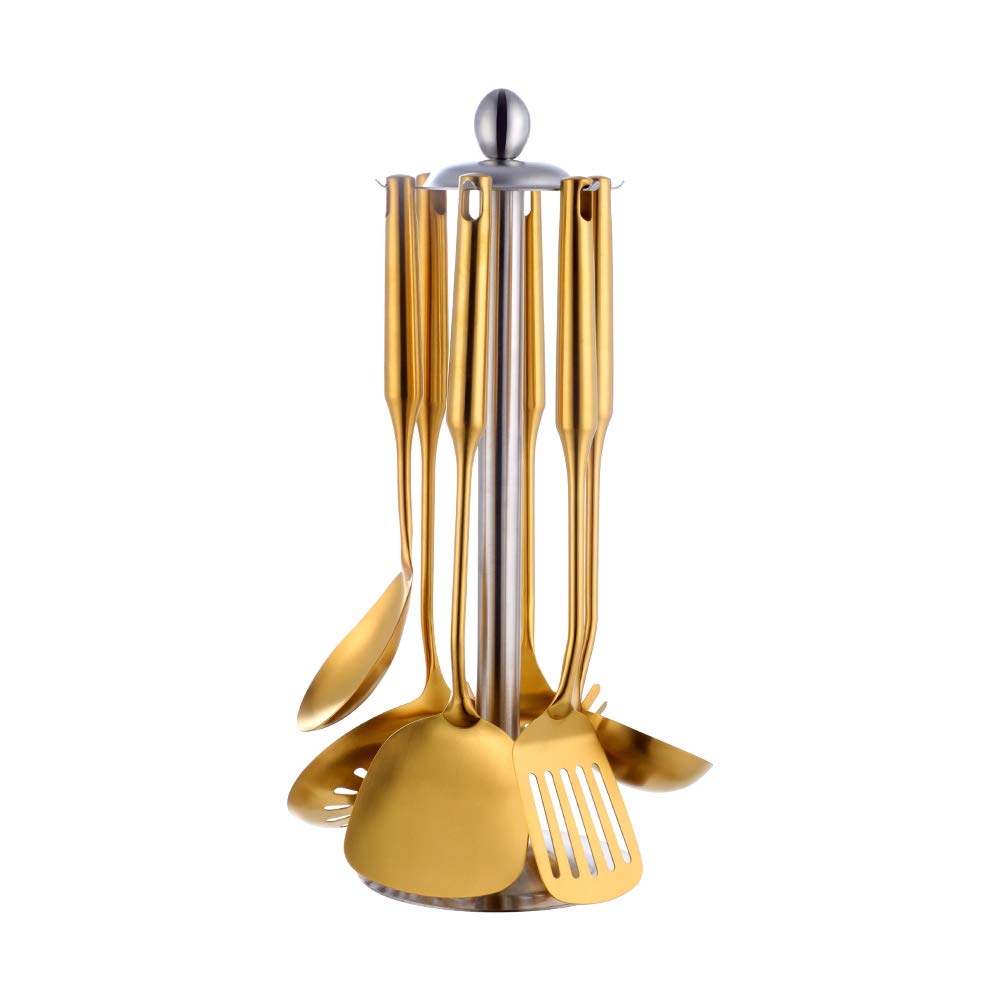 Ustensiles de cuisine 6 pièces acier inoxydable Écumoire Louche Spatule de Cuisine Tourneur à fente Riz Pasta Server avec support