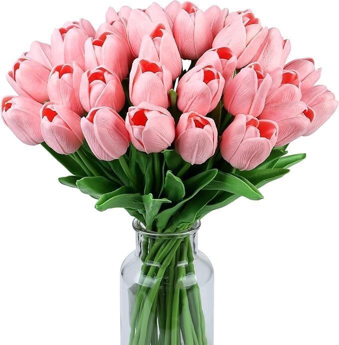 Image of Garden Art Artificial Tulip Flowers (Pack of 5) | Real Touch Silicone Single Stem Tulips for Home Decor, Living Room, Office, Vase & Wedding Decoration GAASTFB-1H-33BP (Baby Pink)