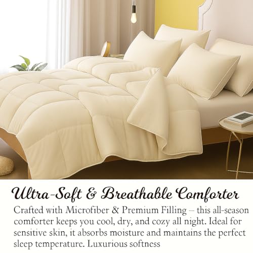 Image of Bed Comforter Single Size - Ivory - 300 GSM Quilt Blanket Rajai - Winter Warm Down Alternative Duvet Insert with Corner Ties