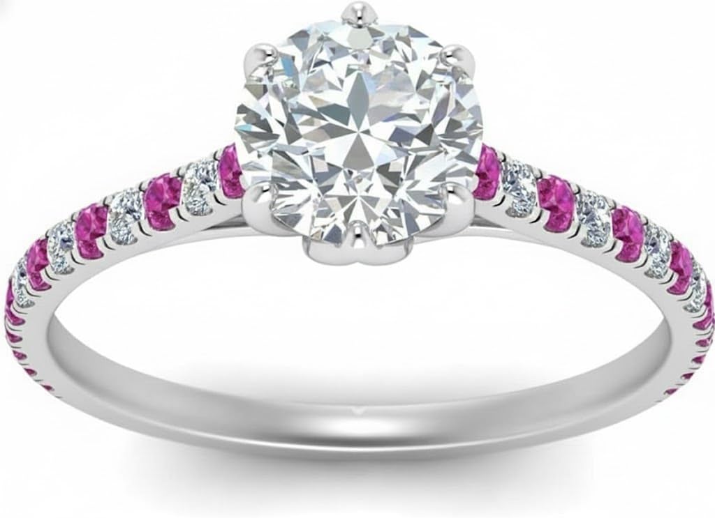 Choose Your Gemstone 6 Claw Prong Flower Basket Diamond CZ Ring Sterling Silver Round Shape Side Stone Engagement Rings Lightweight Office Wear Everyday Gift Jewelry US Size 4 to 12