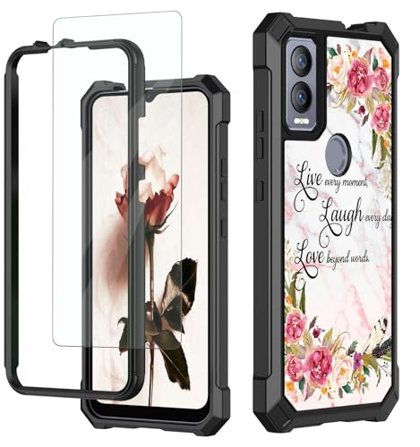 RAUEDWDJS Case for Cricket Magic 5G，AT&T Propel 5G Case with Tempered Screen Protector,Heavy Duty Hard PC & Soft TPU Bumper Shockproof Protective Phone Case-Flowers Marble