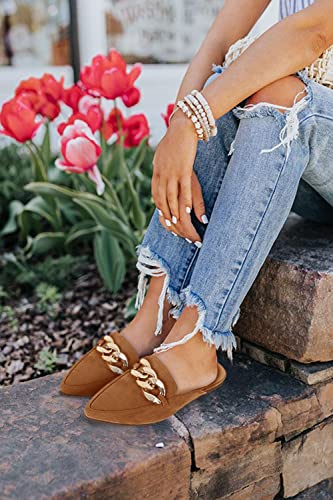Juliet Holy Womens Mules Flats Pointed Toe Backless Loafers Slip On Metal Chain Slides Brown #TOP6