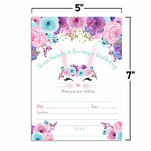 Bunny Face With Pink Blue And Purple Watercolor Flowers Easter Birthday Party Invitations For Girls, 20 5"X7" Fill In Cards With Twenty White Envelopes By Amandacreation #TOP4