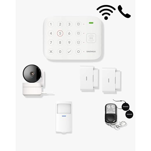 Alarme Maison Connectée Daewoo Vigilia+ Wi-FI & GSM avec Caméra Rotative, Détecteurs Ouverture/Vibration, Détecteur Mouvement Animaux, Télécommande, Badges RFID, Application Mobile