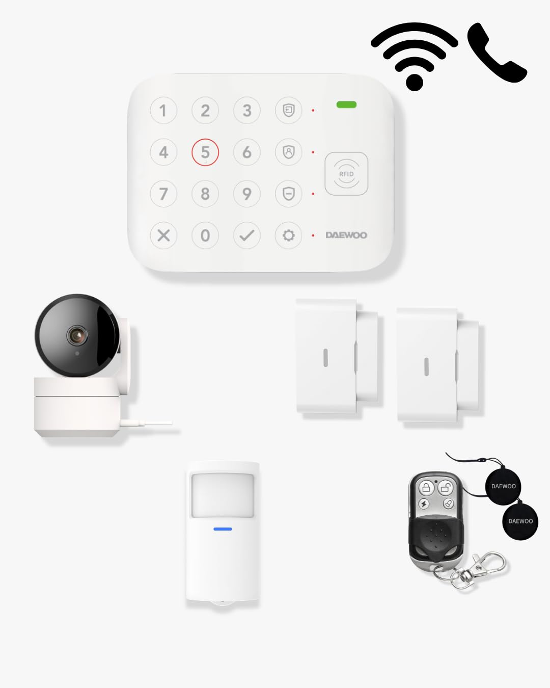 Daewoo Vigilia+ WiFi & GSM Connected House Alarm with Rotating Camera, Aperture/Vibration Detectors, Animal Motion Detector, Remote Control, RFID Badges, Mobile App