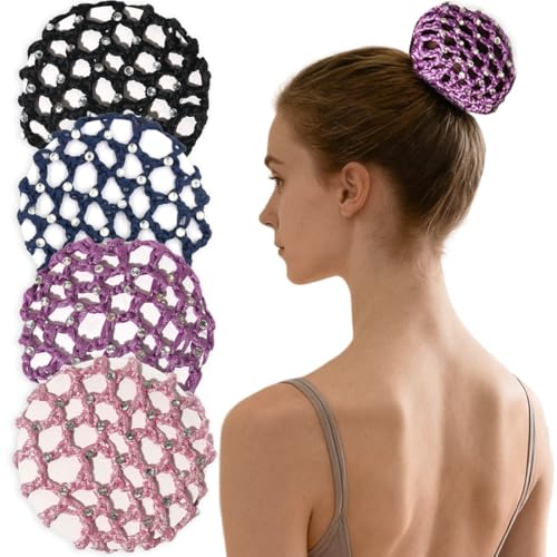 EJRUP 4 PCS Redecilla Pelo Niña,Red para Moño,Redecilla con Diamantes De Imitación, Pelo Gimnasia Ritmica, para Gimnasia,Rítmica,Ballet,Equitación,Patinaje Artístico,Red de Nudo de Baile(Estilo 1)