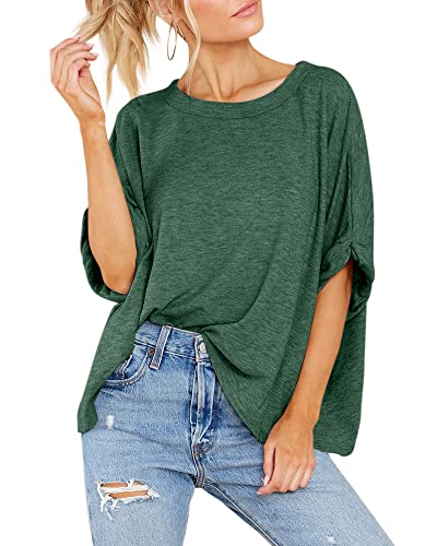 Langwyqu Womens' Short Sleeve Oversized Summer Crew Neck Loose Casual Tee T-Shirt Dark Green #TOP3