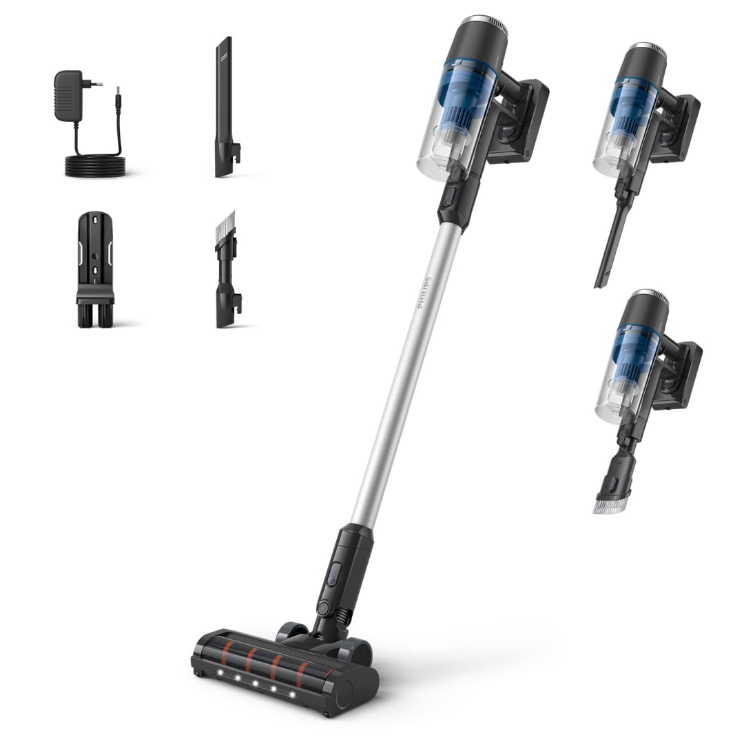 PHILIPS Aspiradora sin Cable Serie 3000, Potente succión en Suelos Duros, 60 min de autonomía, Cepillo LED, Accesorios, batería reemplazable, Ligera y eficiente en rincones (XC3032/01)