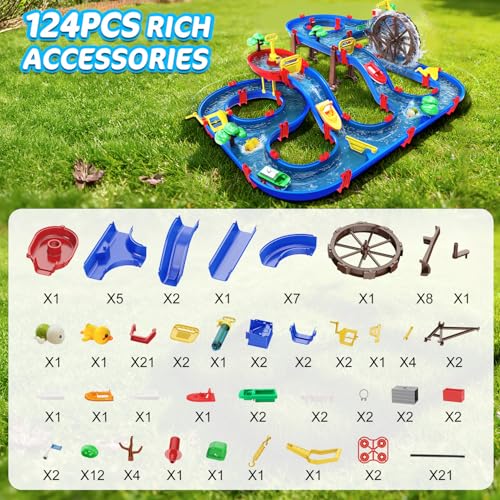 TERRAMUS 2-Tier Kids Watermill Water Table Toys, 124PCS Water Park Playset with Pump, Waterwheel, Summer Outdoor Water Toys Waterways for Backyard,Lawn,Beach,Pool,Gifts for Boys Girls Toddlers 3-5 4-8