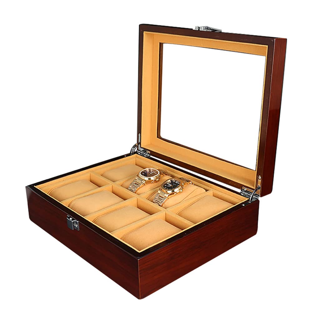 Holzmaserung Uhrenbox Schmuck Aufbewahrungsbox Einschichtiger transparenter Glasdeckel, 8 Gitter Holz Display Sammelbox Braunes Futter mit Metallverschluss Weihnachtsgeburtstagsgeschenke