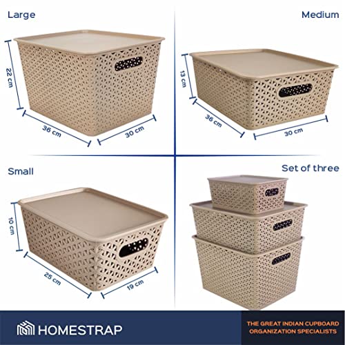 Image of Homestrap Set Of 3 Plastic Storage Organizers /Baskets With Lid For Kitchen, Clothes, Multipurpose Vegetables, Toys, Books, Office, Stationery, Wardrobe(Small, Medium, Large | Biscuit)