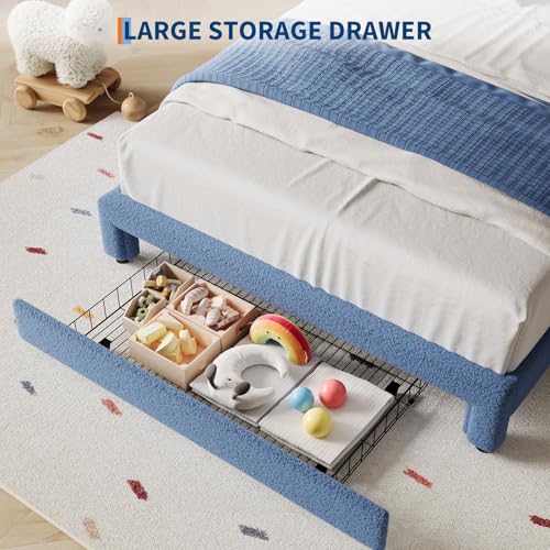 Image of GarveeHome Full Size Bed Frame with LED Headboard for Kids, Sherpa Upholstered Platform Bed Frame with Storage Drawer and Wood Slat Support, No Box Spring Required, Easy to Assemble