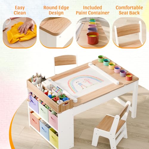 Image of IKALIFE Kids Art Table and Chair - Toddler Craft Table and Chairs Set with 2 Chair & Bins, Kids Activity Desk with Paper Roll for Playrooms & Classroom, 44 inch L x 24 inch W, Natural