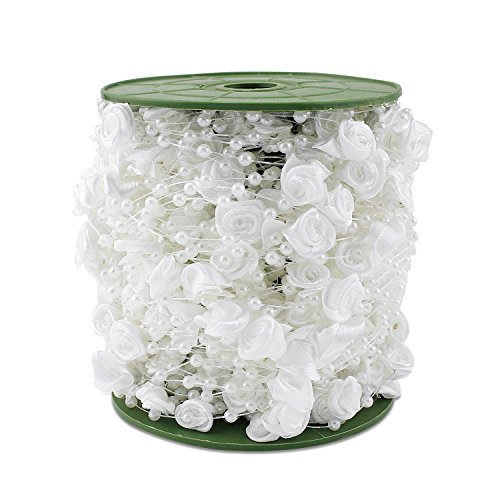 Psmgoods® - Rotolo di filo per tende, con perline e nastri a forma di rose, decorazione a ghirlanda, ideale come decorazione per matrimoni, progetti floreali fai da te, centrotavola e bouquet da sposa White