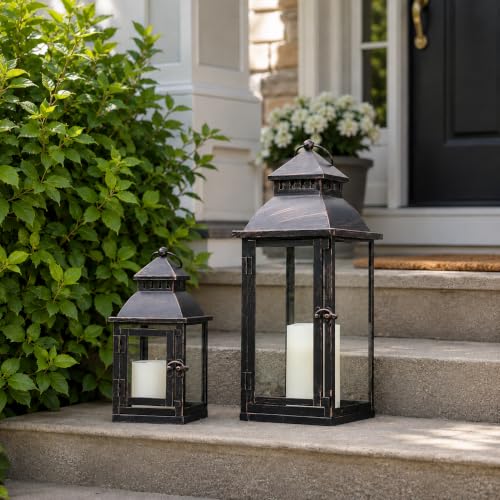 Image of NEEDOMO Lanterns Decorative Outdoor&Indoor, Set of 2 Large Bronze Metal Lantern Decor with Glass, Candle Holder for Porch, Patio, Garden, Balcony, Wedding, Table Centerpiece Decorations