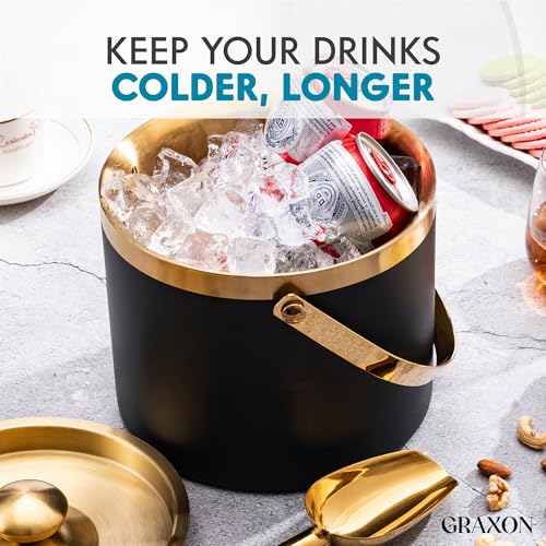 Ice Bucket (3 Liter) Stainless Steel Double Wall Insulated Ice Bucket with Lid & Scoop, Ice Buckets for Parties, Handle, Keeps Ice Cold for Hours, Great for Wine, Champagne, Cocktails (Black & Gold) by GRAXON - Used condition - Image 7