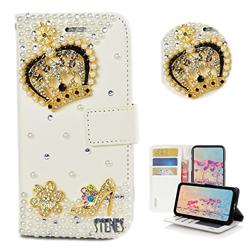 STENES Bling Wallet Phone Case Compatible with Samsung Galaxy A21s Case - Stylish - 3D Handmade Crown Girls High Heel Flowers Magnetic Wallet Stand Leather Cover Case - Gold